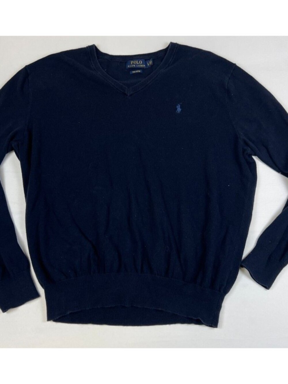 Polo Ralph Lauren Mens Size L Navy Blue Pima Cotton V-Neck Sweater Pony